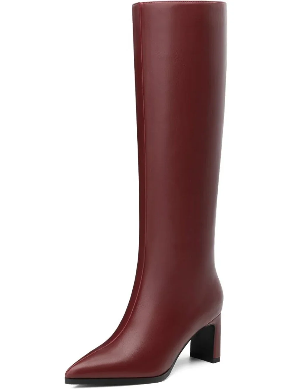 Women's Burgundy Pointed Toe Side Zipper Chunky Block High Heel Knee High Boots